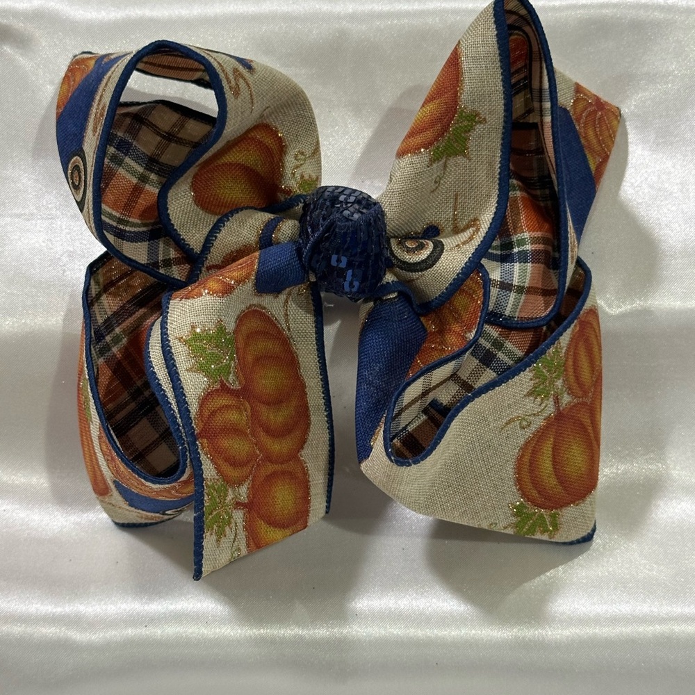 Blue and Orange Pumpkin Print Hair Bow- bundle 2+ & save on shipping costs